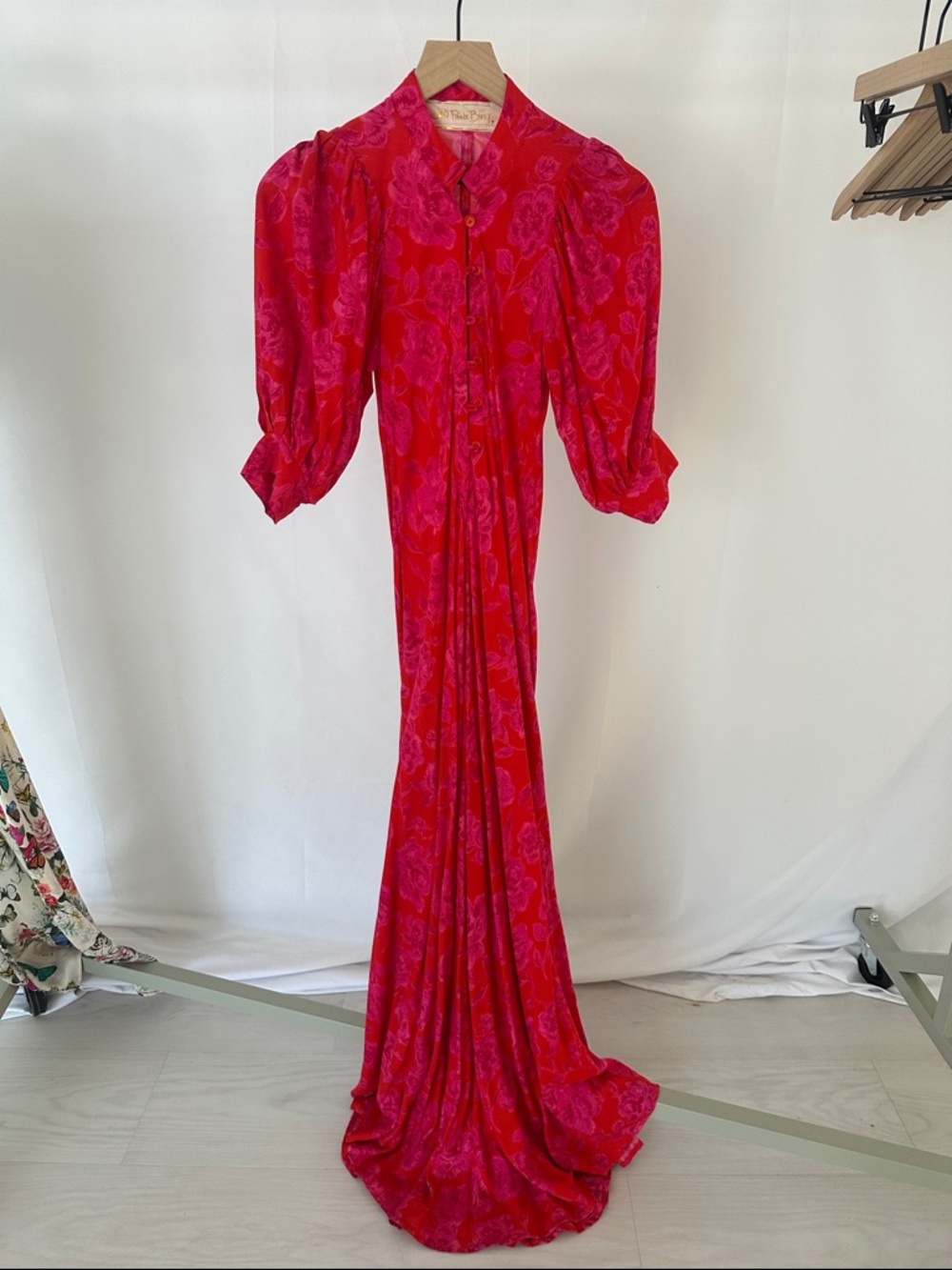 Jen's Pirate Booty Red and Pink Floral Maxi Dress with Puff Sleeves